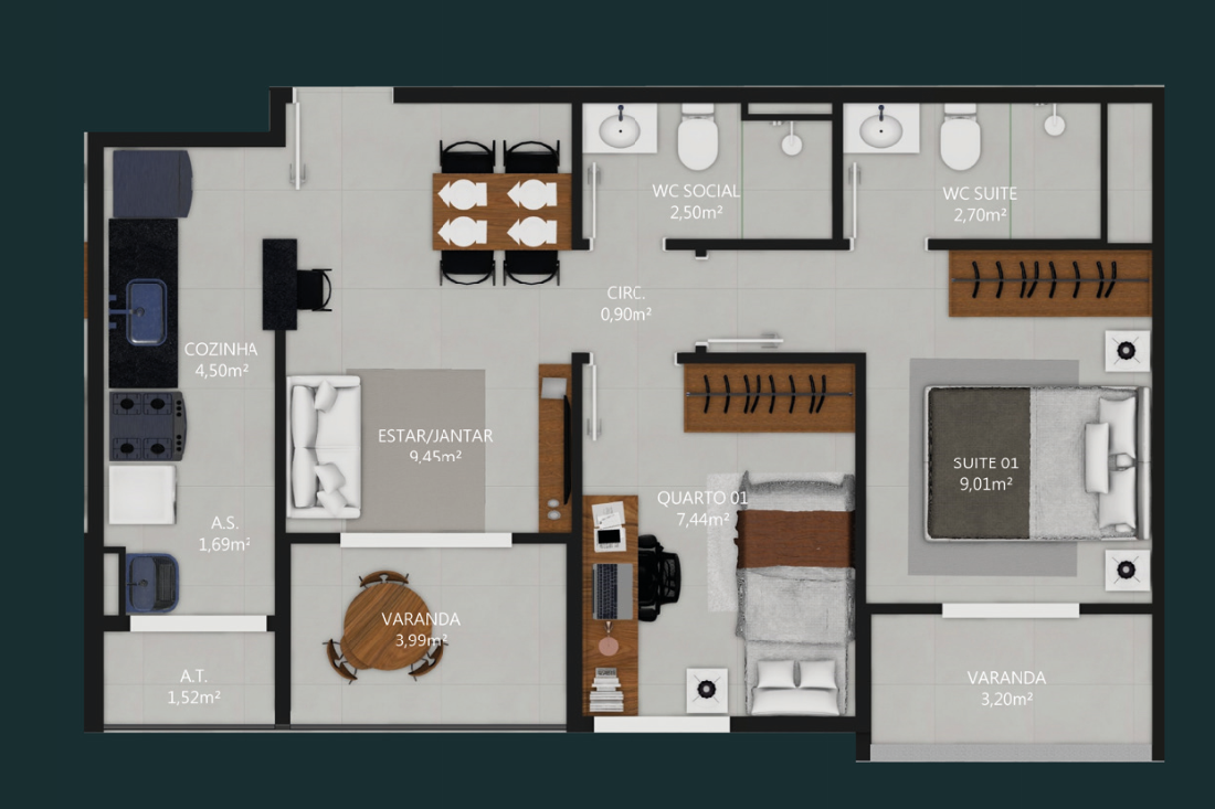 Planta das colunas 2 e 7, 51,75 m²