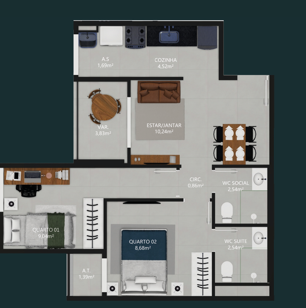 Planta da coluna 9, 51,15 m²