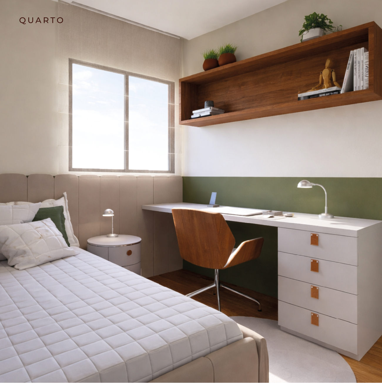 Quarto com bancada de estudos