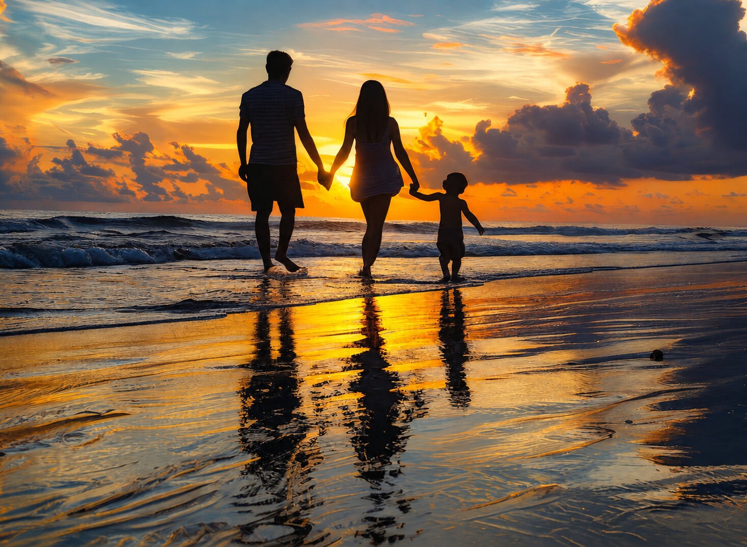 Família caminhando na praia ao pôr do sol