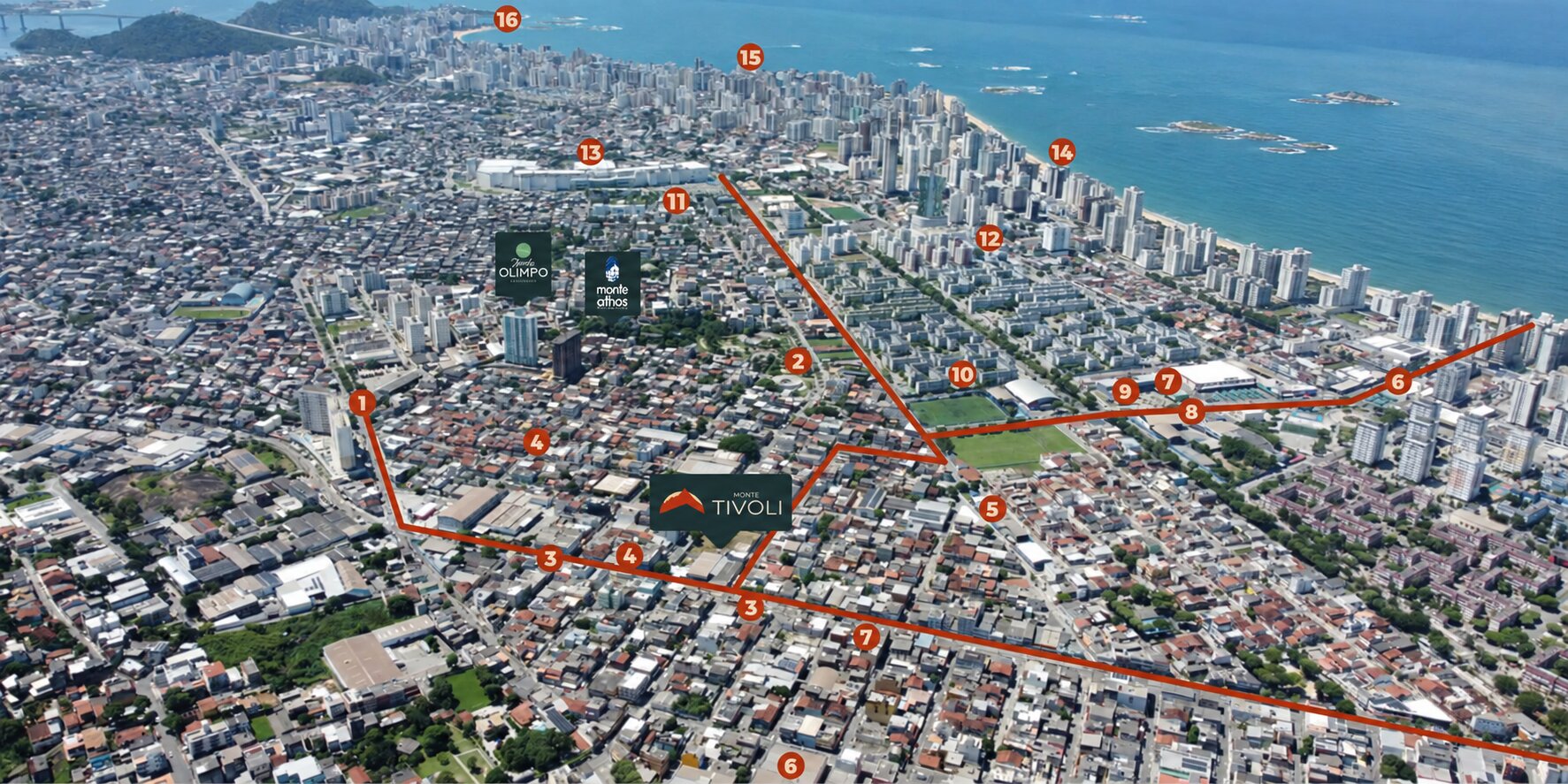 Mapa aéreo do Cocal, em Vila Velha, com o Monte Tivoli e os pontos de interesse do entorno